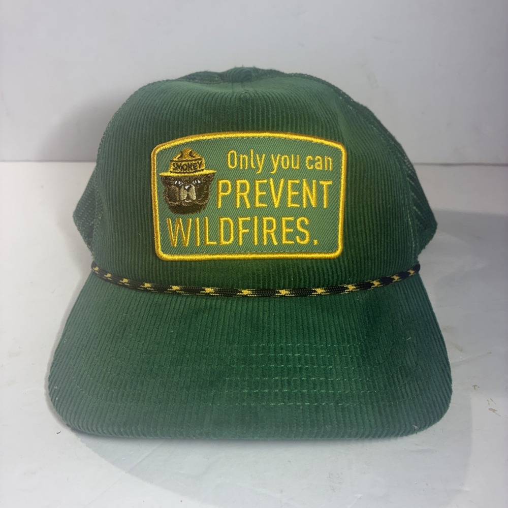 Smokey Bear Corduroy Snapback Hat Cap Prevent Wildfires Rope Patch Green